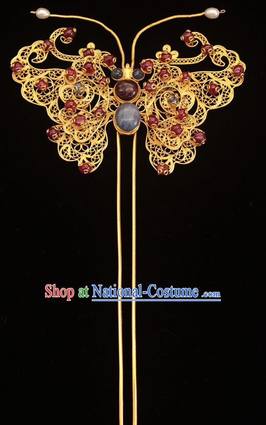 China Ancient Empress Blue Stone Hair Stick Traditional Hair Accessories Ming Dynasty Garnet Beads Butterfly Hairpin