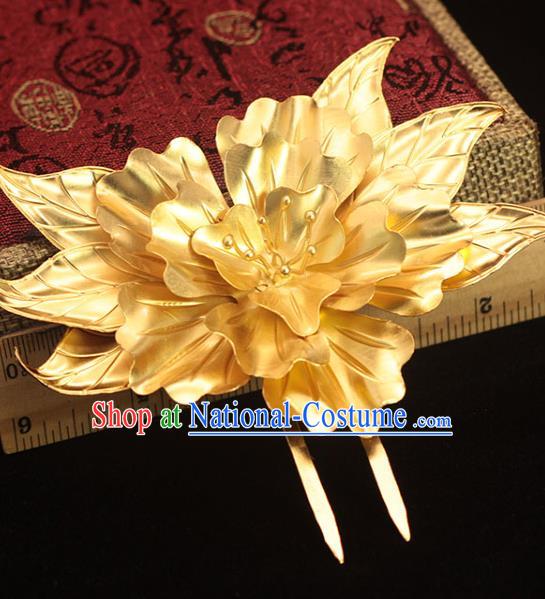 China Tang Dynasty Golden Peony Hairpin Traditional Hair Accessories Ancient Palace Woman Hair Stick