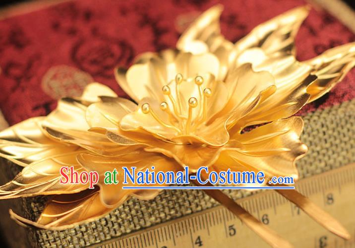 China Tang Dynasty Golden Peony Hairpin Traditional Hair Accessories Ancient Palace Woman Hair Stick