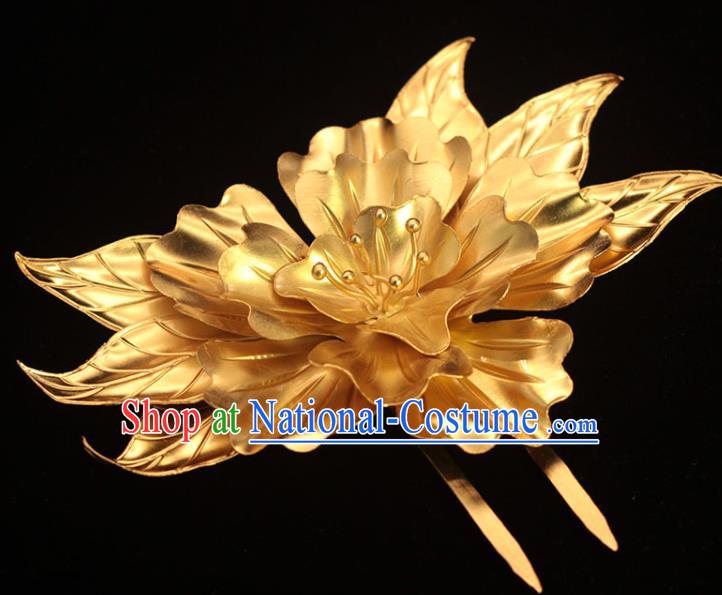 China Tang Dynasty Golden Peony Hairpin Traditional Hair Accessories Ancient Palace Woman Hair Stick