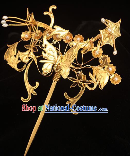 China Qing Dynasty Pearls Hairpin Traditional Hair Accessories Ancient Palace Lady Golden Butterfly Hair Stick