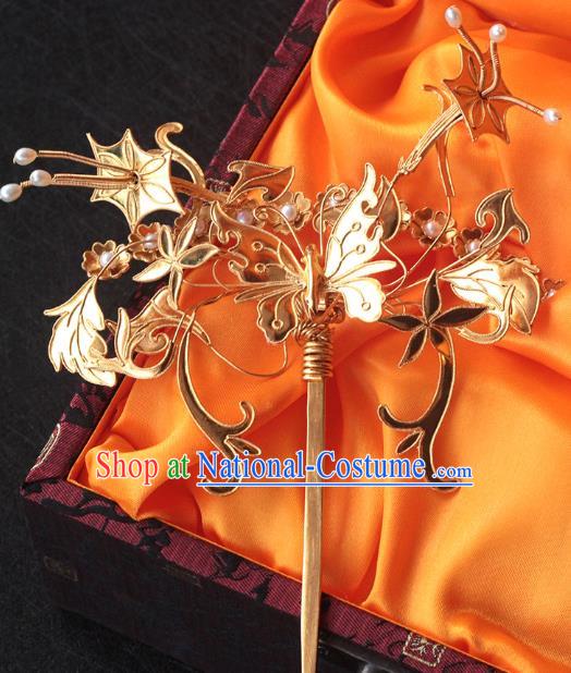 China Qing Dynasty Pearls Hairpin Traditional Hair Accessories Ancient Palace Lady Golden Butterfly Hair Stick