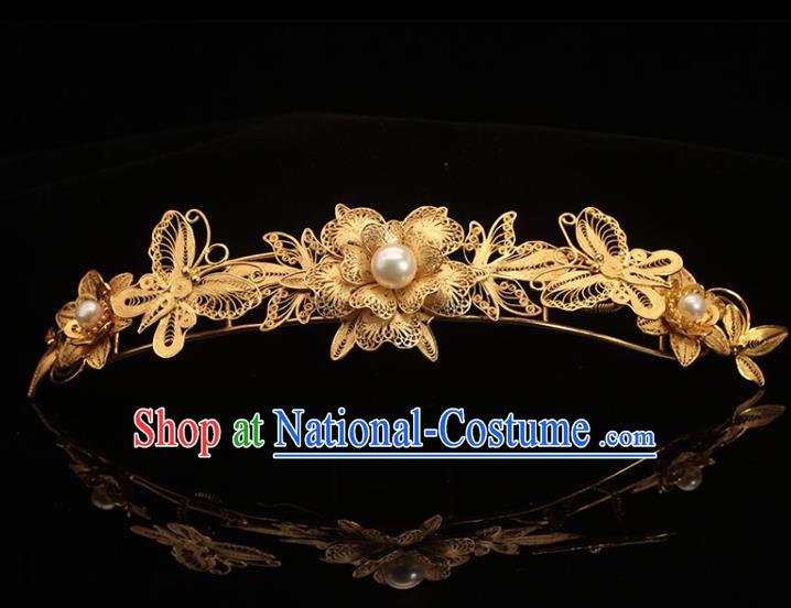 China Qing Dynasty Princess Golden Hairpin Traditional Hair Accessories Ancient Palace Lady Pearls Hair Crown