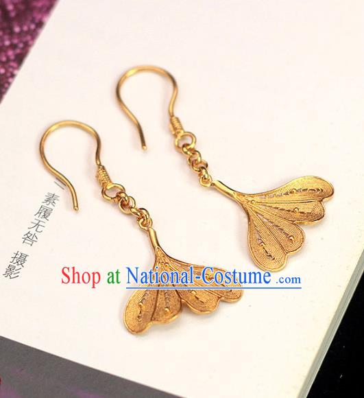 Chinese Ancient Princess Ear Accessories Traditional Ming Dynasty Golden Ginkgo Leaf Earrings