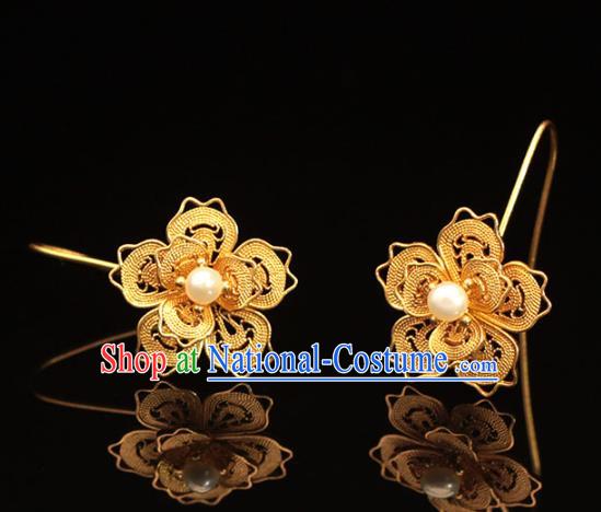 Chinese Ancient Princess Pearl Ear Accessories Traditional Ming Dynasty Golden Plum Blossom Earrings