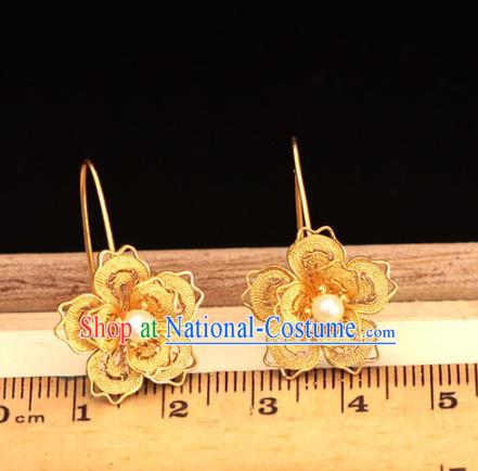 Chinese Ancient Princess Pearl Ear Accessories Traditional Ming Dynasty Golden Plum Blossom Earrings