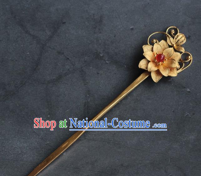 China Ming Dynasty Golden Lotus Hairpin Traditional Hair Accessories Ancient Princess Hair Stick