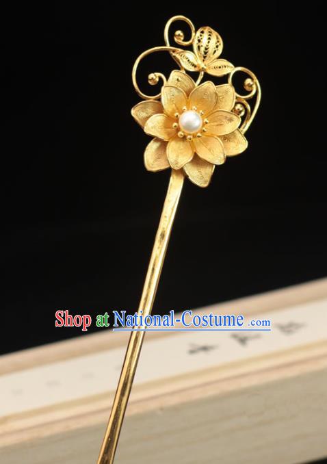 China Traditional Hair Accessories Ancient Princess Hair Stick Ming Dynasty Golden Lotus Hairpin