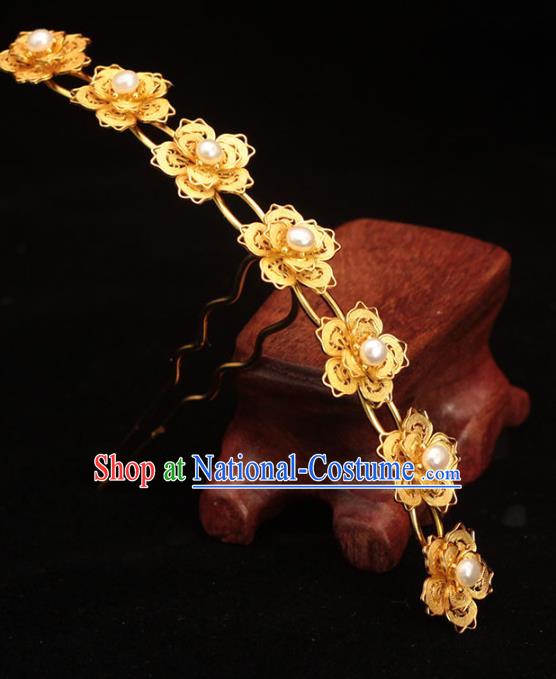 China Ancient Empress Golden Plum Hair Crown Traditional Hair Accessories Ming Dynasty Pearls Hairpin