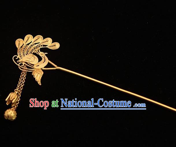 China Ancient Princess Hair Stick Ming Dynasty Golden Phoenix Hairpin Traditional Filigree Hair Accessories