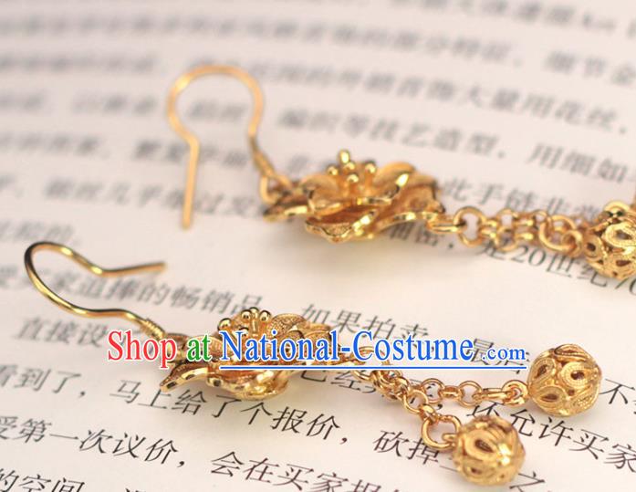 Chinese Ancient Wedding Golden Ear Accessories Traditional Ming Dynasty Court Woman Earrings