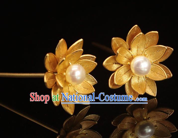 China Ancient Bride Golden Lotus Hairpin Traditional Wedding Hair Accessories Ming Dynasty Hair Stick