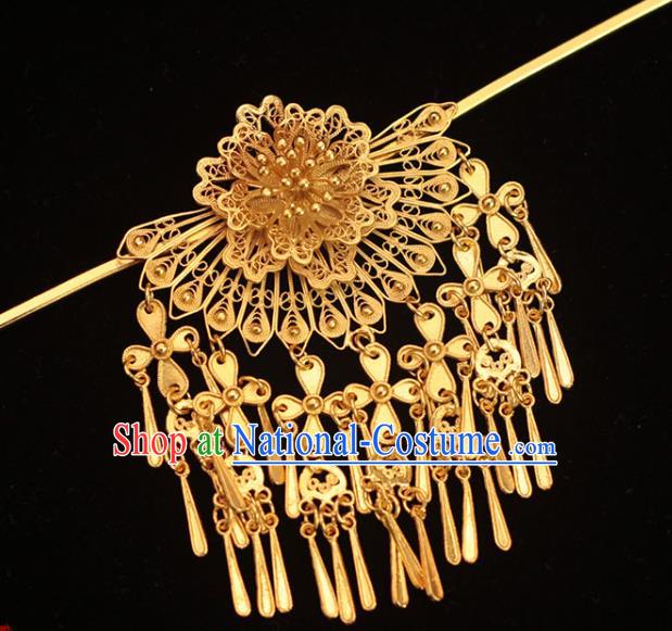 China Ancient Empress Golden Tassel Hairpin Traditional Ming Dynasty Filigree Peony Hair Stick