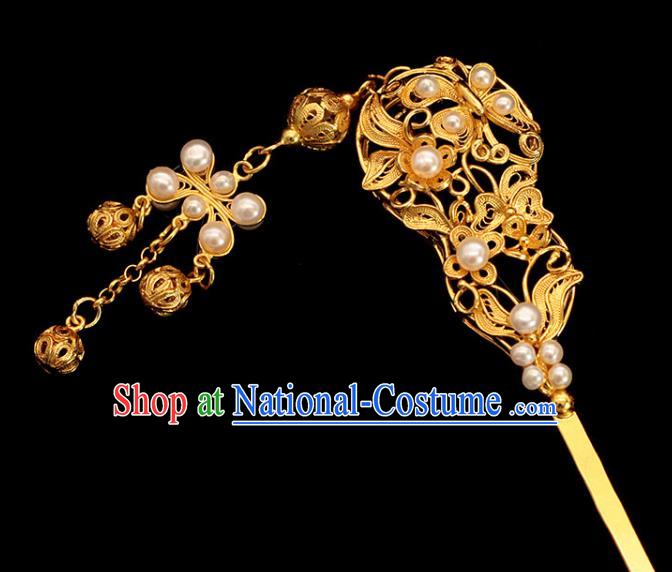 Traditional China Ming Dynasty Empress Golden Hair Stick Ancient Court Woman Pearls Tassel Hairpin