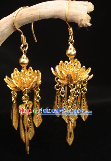 Chinese Ancient Princess Golden Lotus Ear Accessories Traditional Ming Dynasty Court Earrings