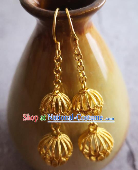 Chinese Ancient Palace Lady Ear Accessories Traditional Ming Dynasty Court Golden Gourd Earrings