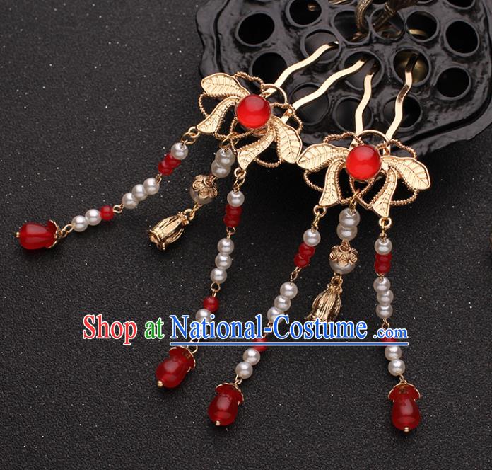 China Ancient Princess Hair Accessories Traditional Hanfu Red Beads Tassel Hairpins