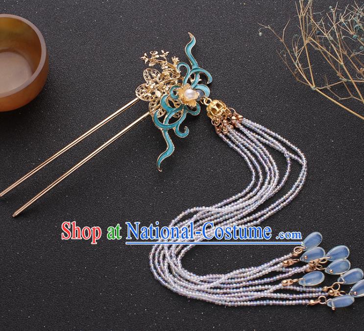 Traditional China Ming Dynasty Blueing Hair Stick Ancient Princess Beads Tassel Hairpin