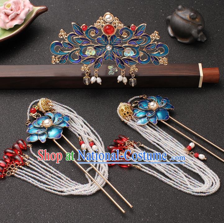 Traditional China Ming Dynasty Blueing Peony Hair Stick Ancient Princess Tassel Hairpin and Hair Crown