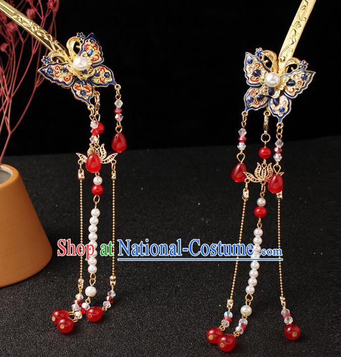 Traditional China Ancient Princess Tassel Hairpin Ming Dynasty Blueing Butterfly Hair Stick