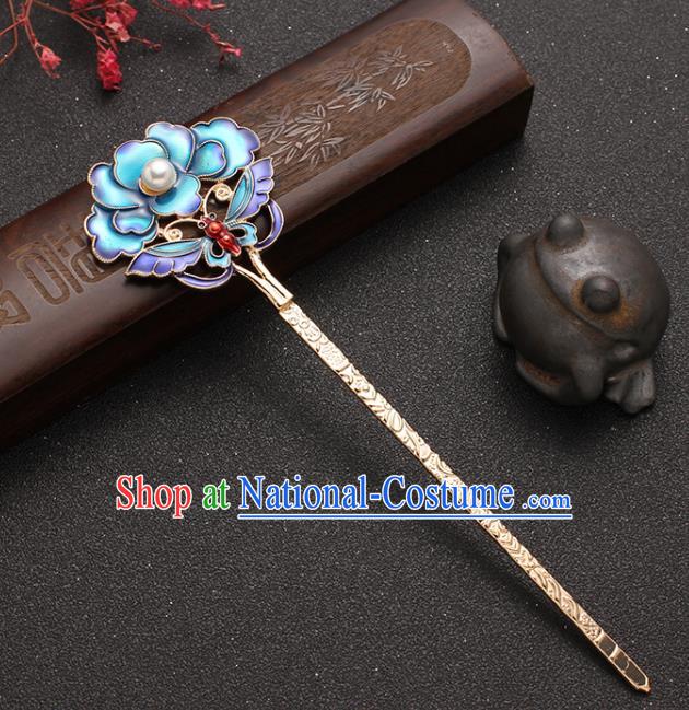 Traditional China Ancient Imperial Concubine Hairpin Ming Dynasty Blueing Peony Hair Stick