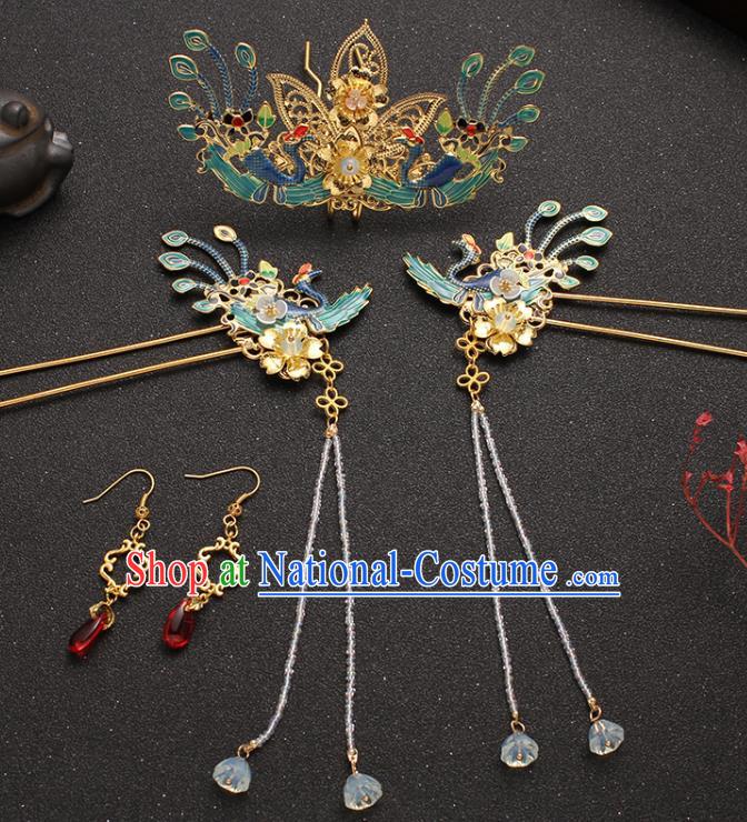 Traditional China Ancient Palace Lady Hair Accessories Ming Dynasty Blueing Hair Crown and Tassel Hairpins