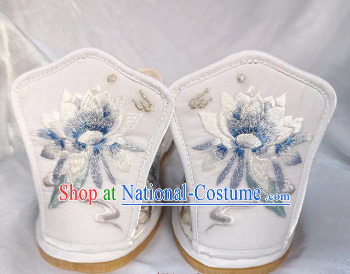 Handmade Chinese Traditional Han Dynasty Princess Shoes White Satin Shoes Embroidered Epiphyllum Shoes