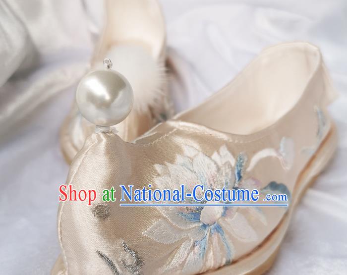 Handmade Chinese Light Golden Satin Bow Shoes Traditional Ming Dynasty Princess Shoes Embroidered Epiphyllum Shoes