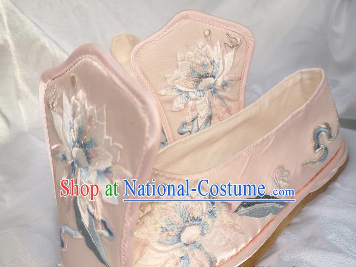 Handmade Chinese Embroidered Epiphyllum Pink Shoes Satin Shoes Traditional Han Dynasty Princess Shoes