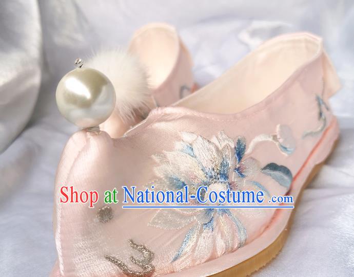 Handmade Chinese Pink Satin Shoes Traditional Ming Dynasty Princess Shoes Embroidered Epiphyllum Bow Shoes