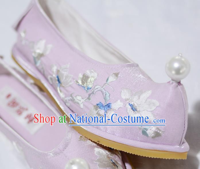 Handmade Chinese Traditional Hanfu Bow Shoes Ancient Princess Lilac Satin Shoes Embroidered Mangnolia Shoes