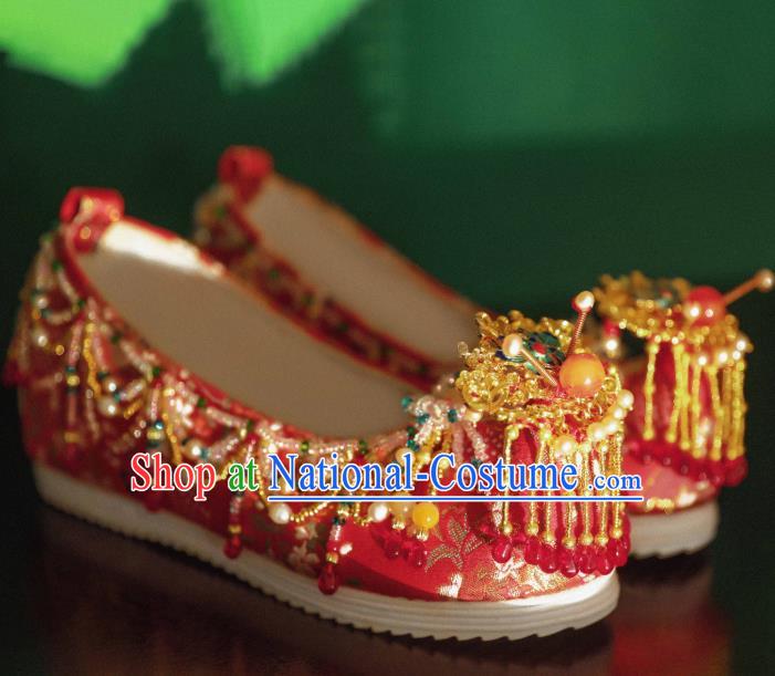 Handmade Chinese Embroidered Shoes Ancient Princess Red Shoes Traditional Hanfu Wedding Shoes