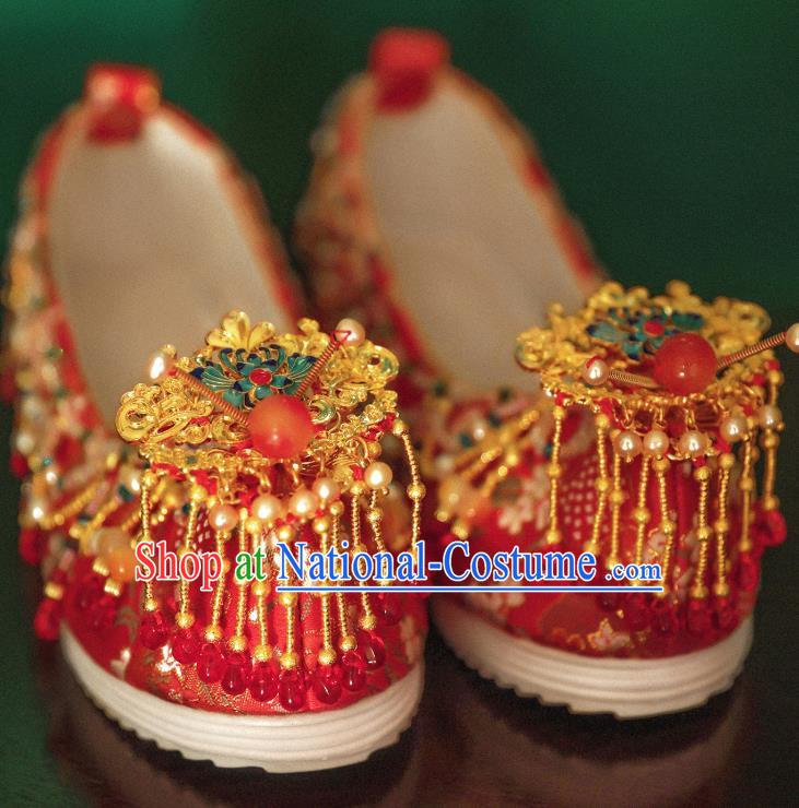 Handmade Chinese Embroidered Shoes Ancient Princess Red Shoes Traditional Hanfu Wedding Shoes