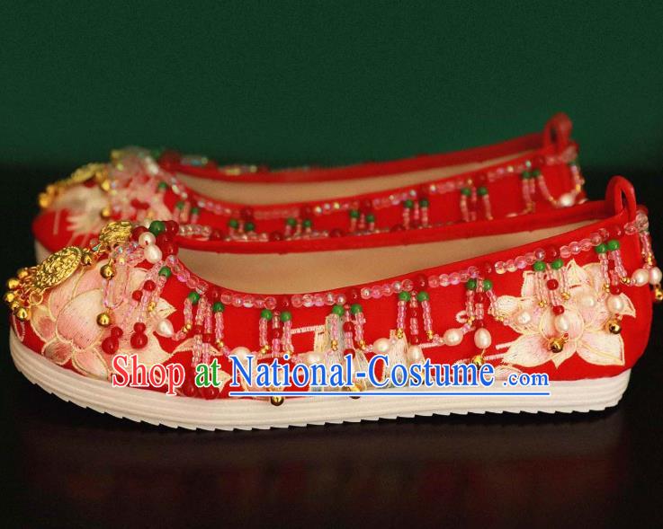 Handmade Chinese Embroidered Lotus Shoes Ancient Princess Red Shoes Traditional Hanfu Wedding Shoes