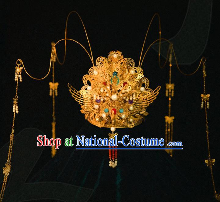 China Ancient Traditional Wedding Hair Accessories Empress Golden Hair Crown Ming Dynasty Phoenix Coronet