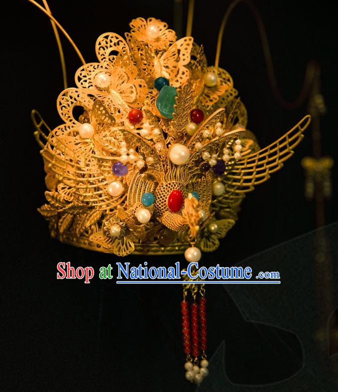 China Ancient Traditional Wedding Hair Accessories Empress Golden Hair Crown Ming Dynasty Phoenix Coronet