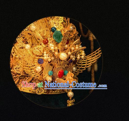 China Ancient Traditional Wedding Hair Accessories Empress Golden Hair Crown Ming Dynasty Phoenix Coronet