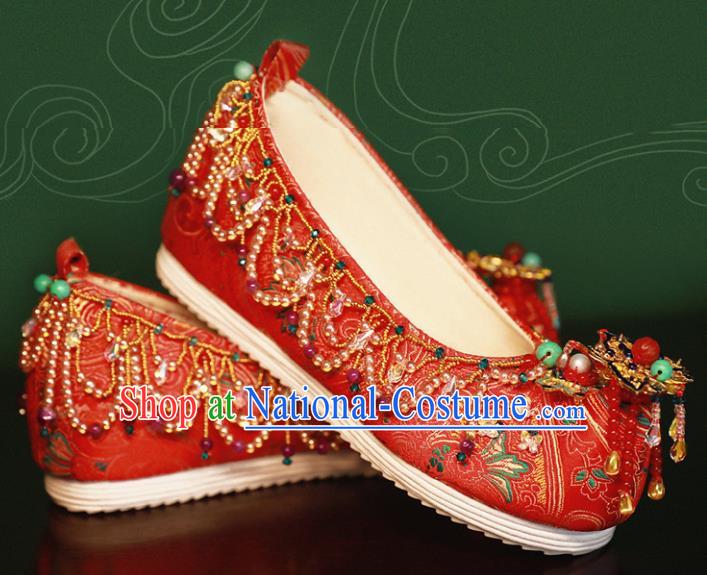 Handmade Chinese Traditional Hanfu Wedding Shoes Red Embroidered Shoes Ancient Princess Satin Shoes