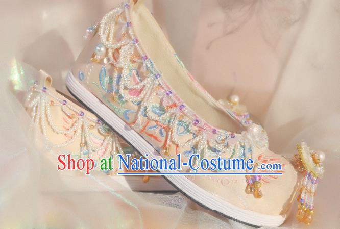 Handmade Chinese Traditional Hanfu Beads Tassel Shoes Ancient Princess Satin Shoes Beige Embroidered Shoes