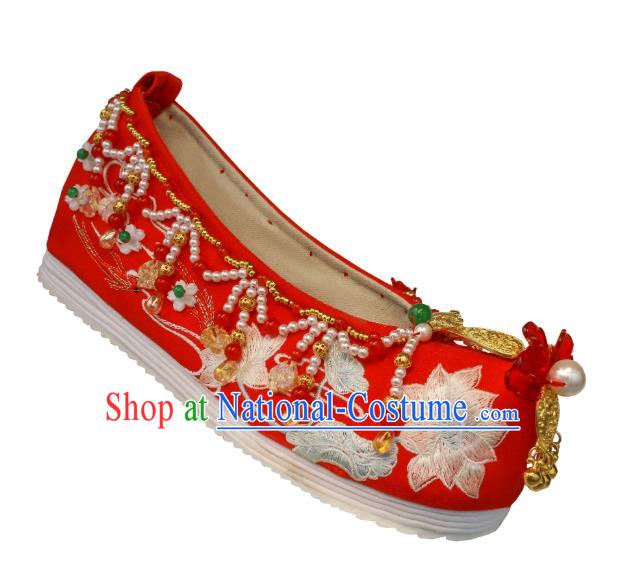 Chinese Ming Dynasty Bride Shoes Embroidered Lotus Shoes Handmade Red Satin Shoes Traditional Wedding Shoes