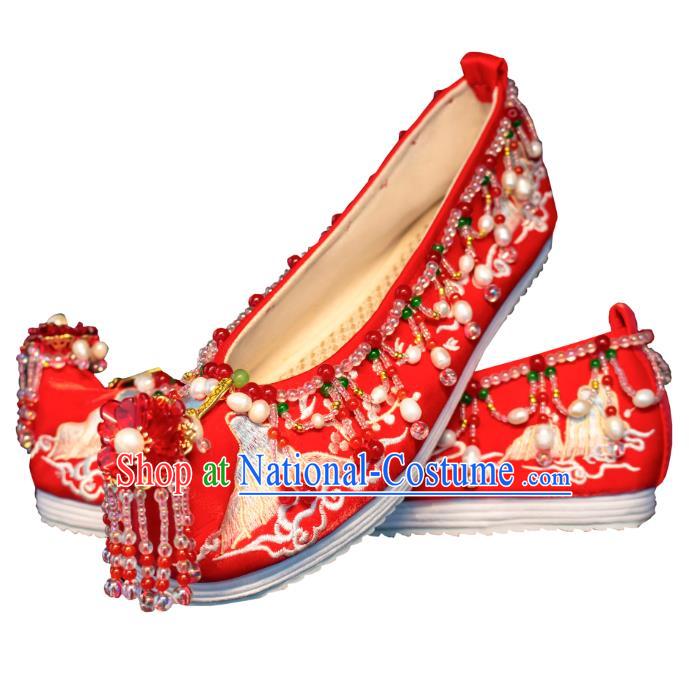 Chinese Bride Shoes Embroidered Shoes Handmade Red Shoes Traditional Red Beads Tassel Wedding Shoes