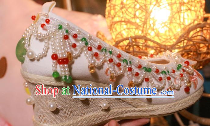 Chinese Wedge Heel Shoes Handmade Beads Tassel Shoes Traditional Embroidered Shoes