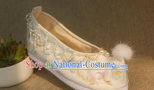 Chinese Beige Satin Shoes Traditional Embroidered Peony Shoes Handmade Beads Tassel Shoes