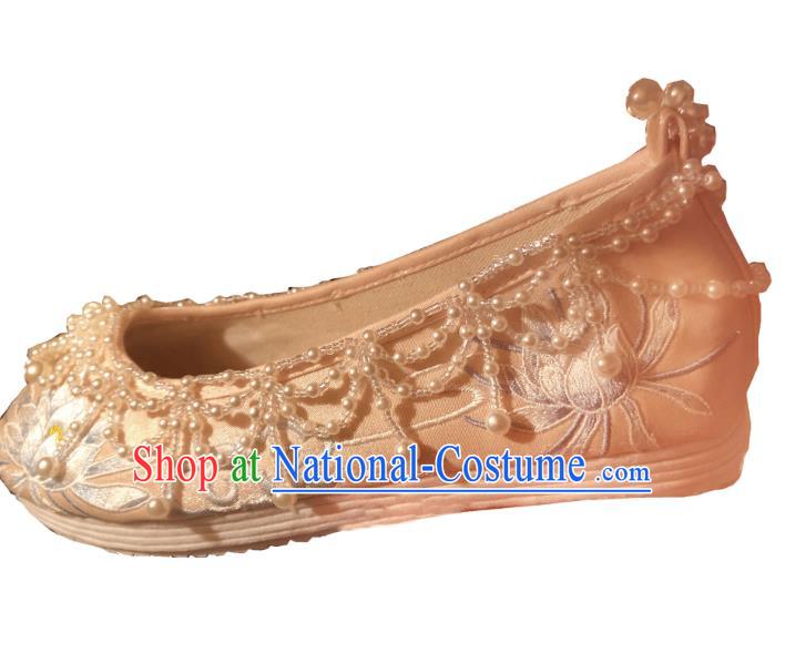 Chinese Handmade Pink Satin Shoes Hanfu Shoes Traditional Embroidered Epiphyllum Shoes