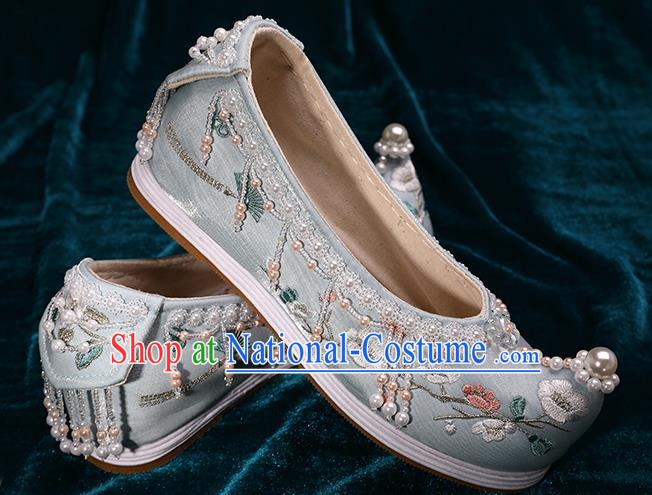 Chinese Traditional Embroidered Plum Blossom Shoes Handmade Light Blue Satin Shoes Hanfu Pearls Shoes