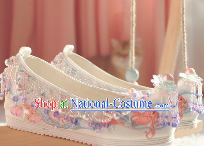 Handmade Chinese Traditional Hanfu White Shoes Embroidered Fish Shoes Ancient Princess Shoes