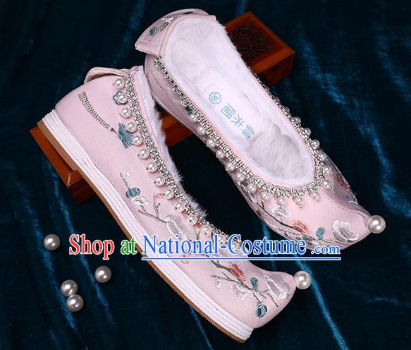 Chinese Traditional Embroidered Plum Blossom Shoes Handmade Pearls Shoes Ancient Princess Pink Satin Shoes