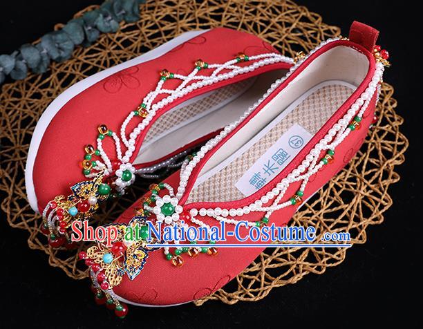 Chinese Handmade Red Cloth Shoes Ancient Princess Shoes Traditional Beads Tassel Shoes