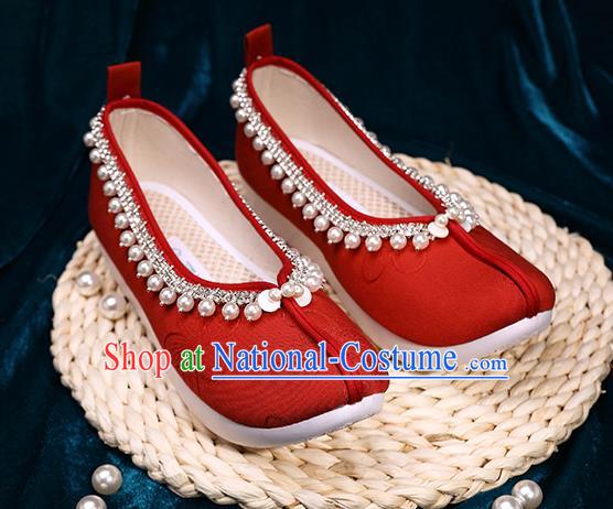 Chinese Handmade Wedding Red Cloth Shoes Ancient Princess Shoes Traditional Hanfu Pearls Shoes