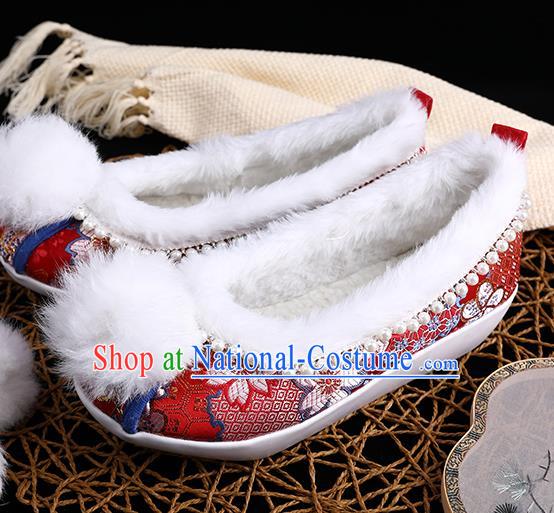 Chinese Ancient Princess Shoes Traditional Hanfu Embroidered Shoes Handmade Wedding Red Brocade Shoes